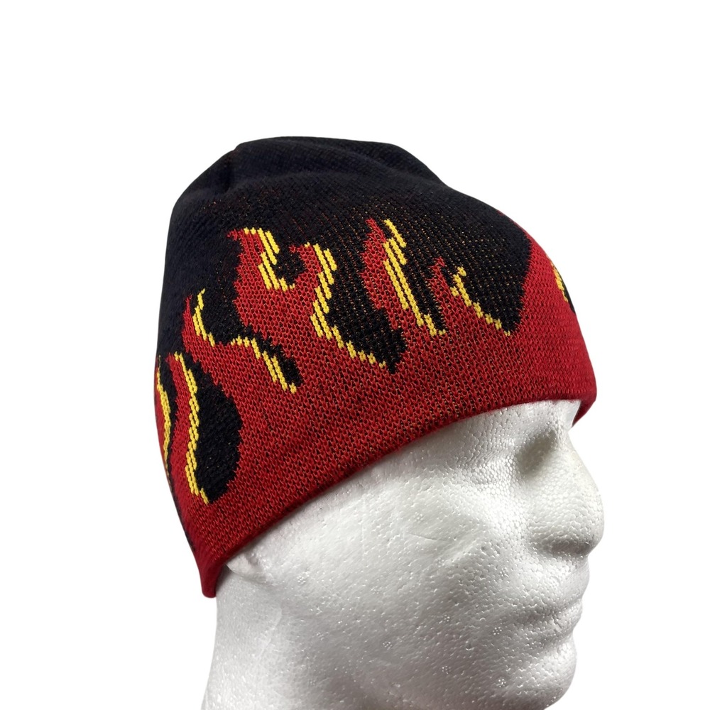 Vintage Y2K Fire Flame Beanie Hat Small Winter Skully Skater Grunge Emo Fall